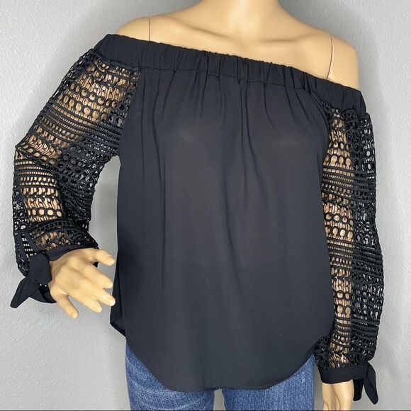 NWT Express Off Shoulder Black Blouse Eyelet Lace Sleeves Semi Sheer Size Small - Picture 1 of 13